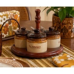 Vintage Stoneware Condiment Set on Lazy Susan w/4 Covered Labeled Jars & Spoons